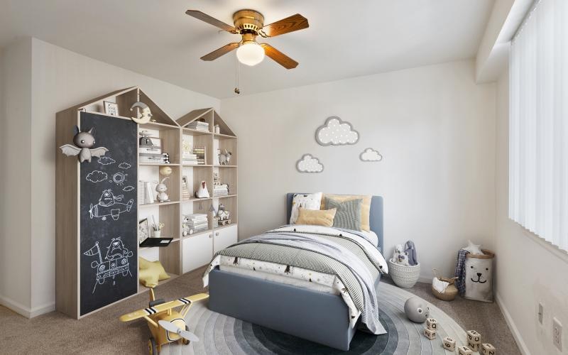 a bedroom with a fan and shelves