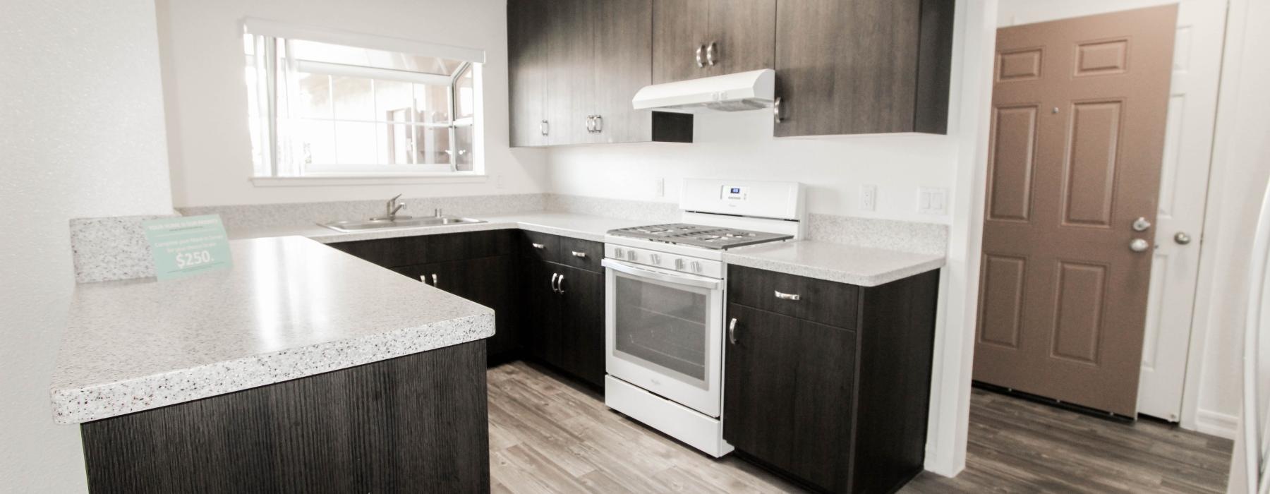 a kitchen with black cabinets