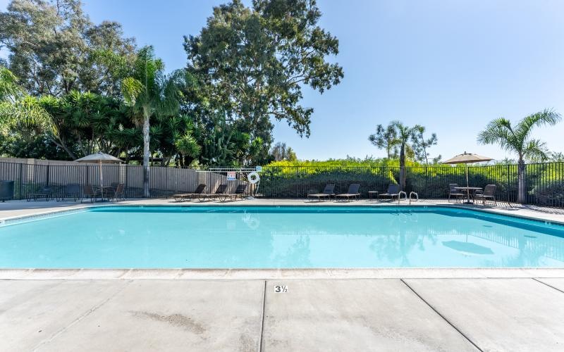 a swimming pool with trees and a fence around it
