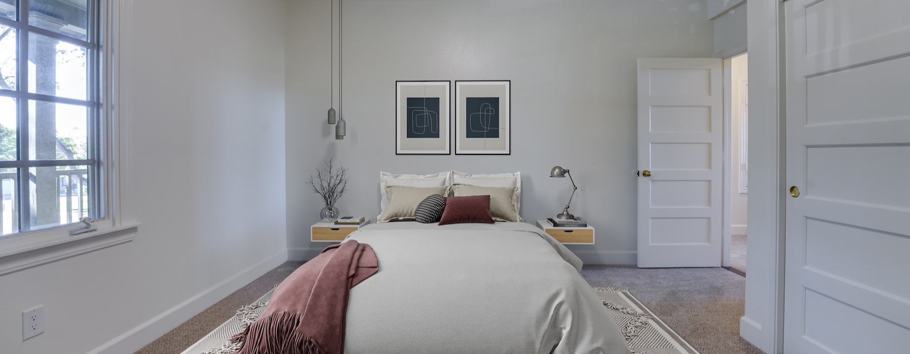 Bedroom with natural lighting and high ceilings