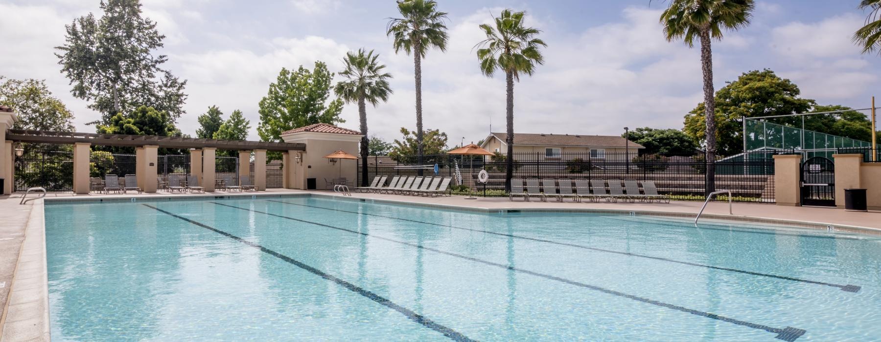 a swimming pool with trees and a building in the background