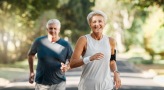 a man and woman running