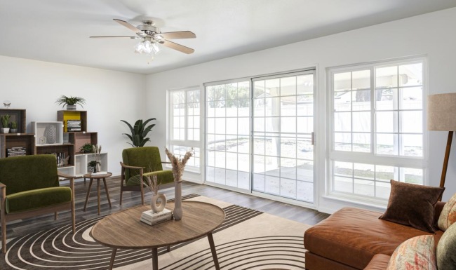 a living room with a large window