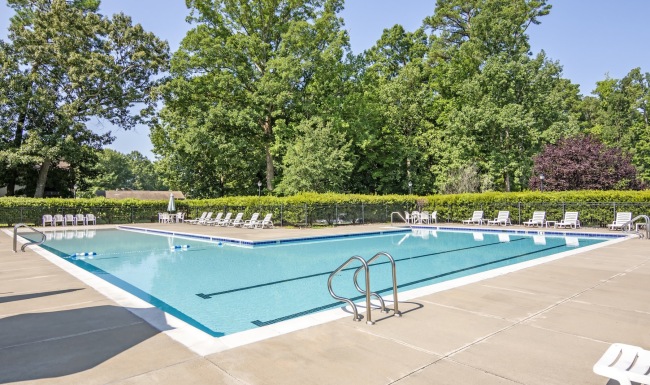 swimming pool with lounge chairs and bushes around it