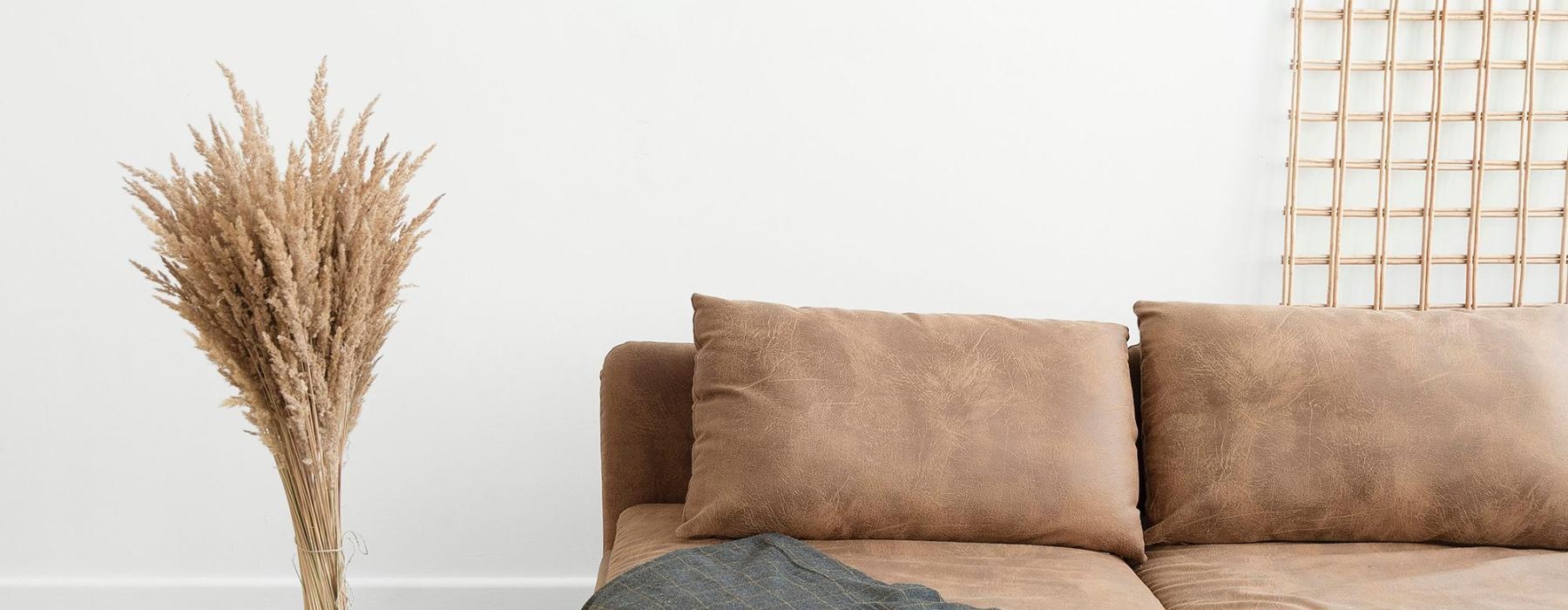 living room with a throw on a couch beside a large floor vase with a plant in it