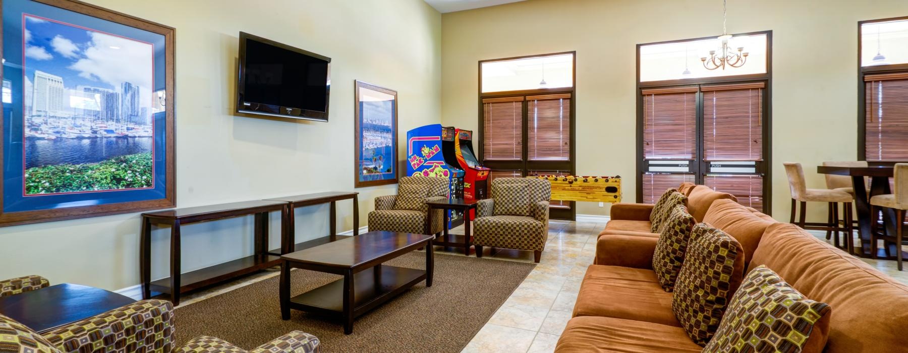 a living room with a large television