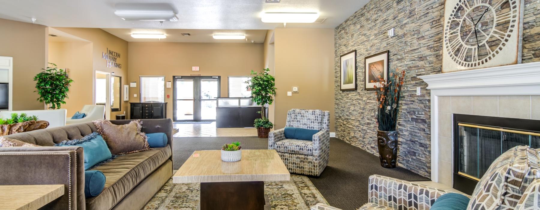 a room with a fireplace