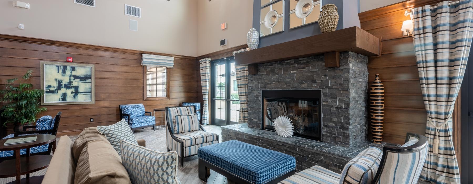 a living room with a fireplace