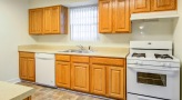 a kitchen with wooden cabinets