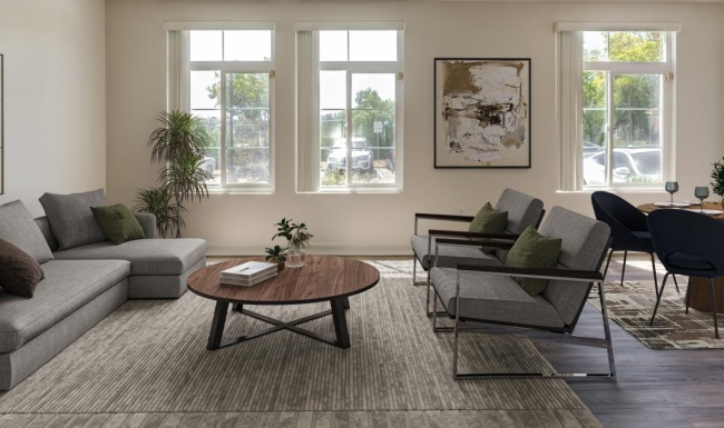 open concept living areas surrounded by windows