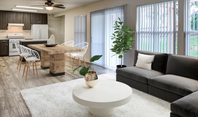 a living room with a large window