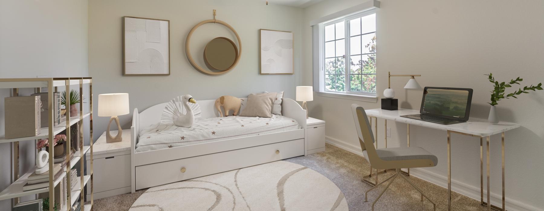 a bedroom with a bed and a desk