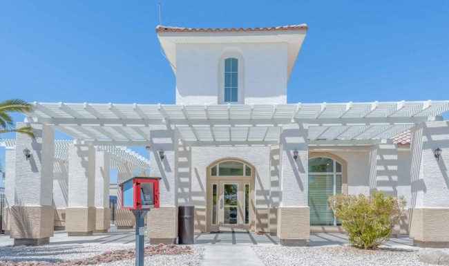 a building with a sign in front