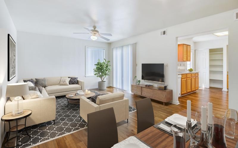 spacious living room and dining area