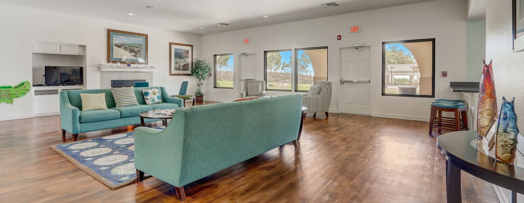 a spacious room with windows and two green sofas