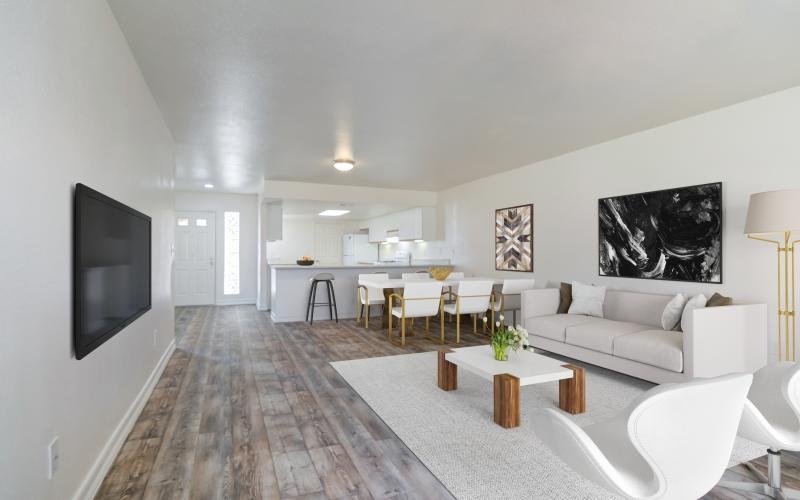 a living room with a large rug