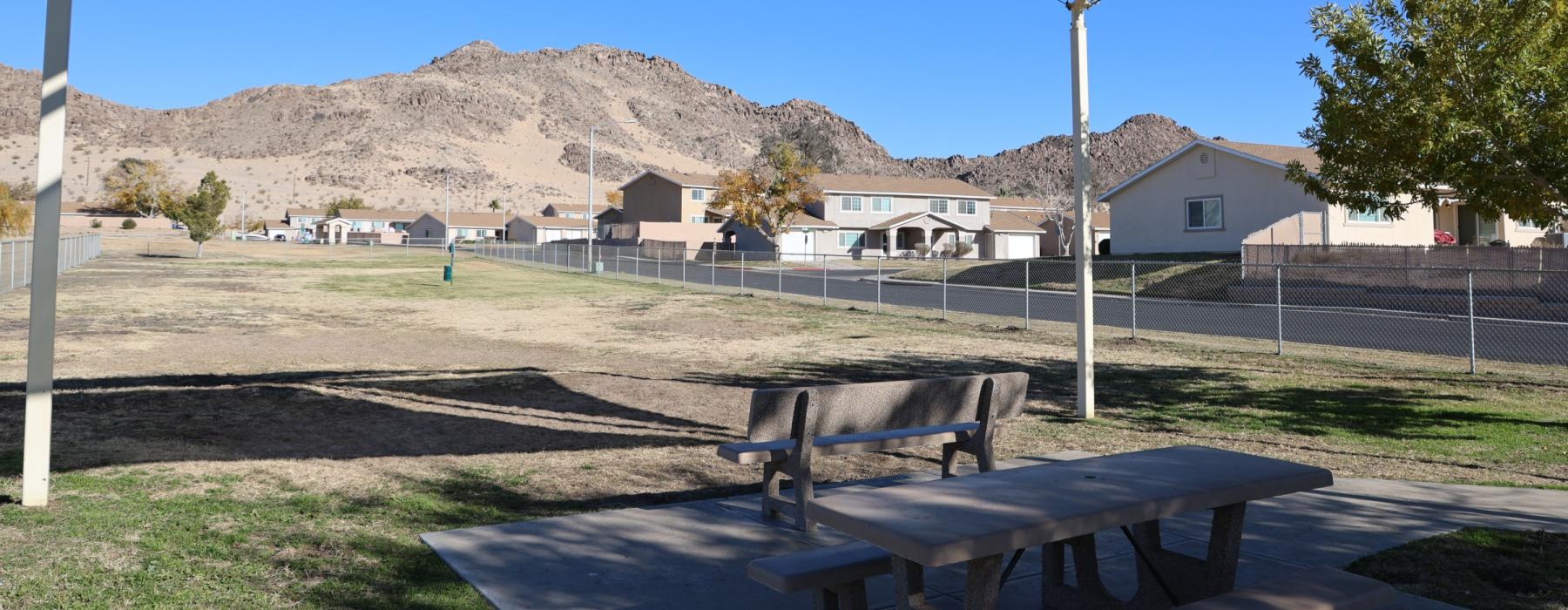 a picnic table and umbrella in a park