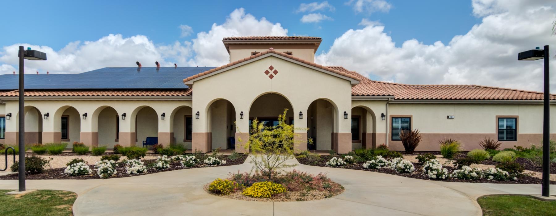 a building with a fountain in front