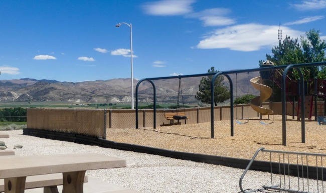 a group of picnic tables