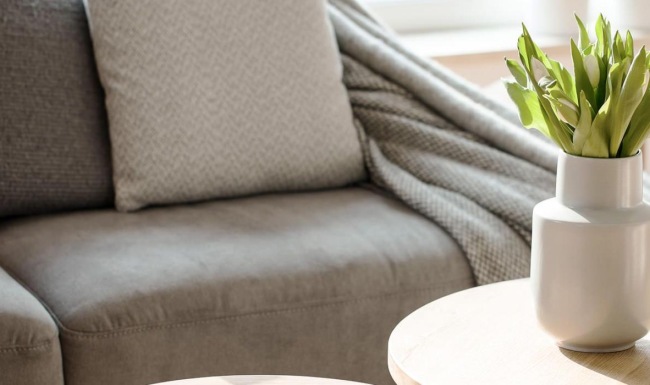 sunlight pours through a large window in furnished living room