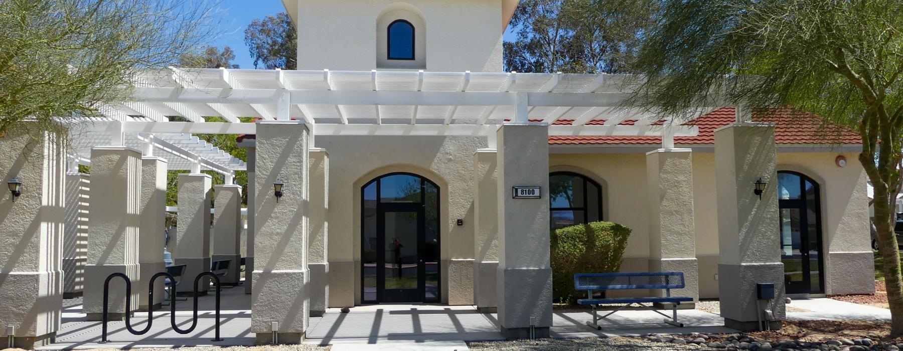 a building with a large entrance