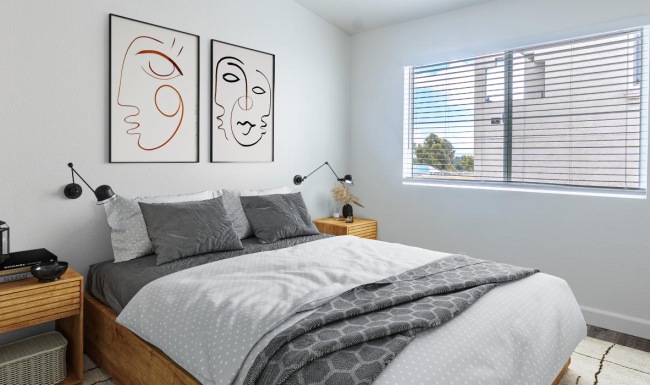 a bedroom with a bed and a plant