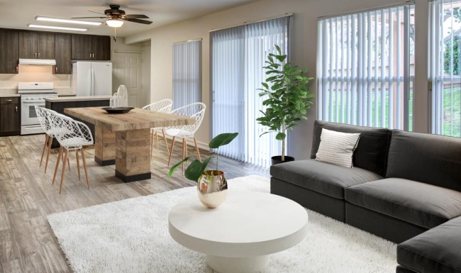 a living room with a large window