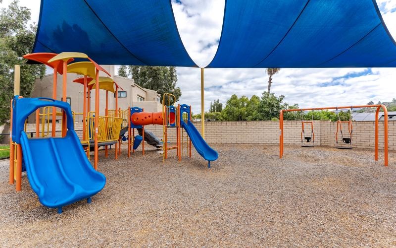 a playground with blue and yellow slide