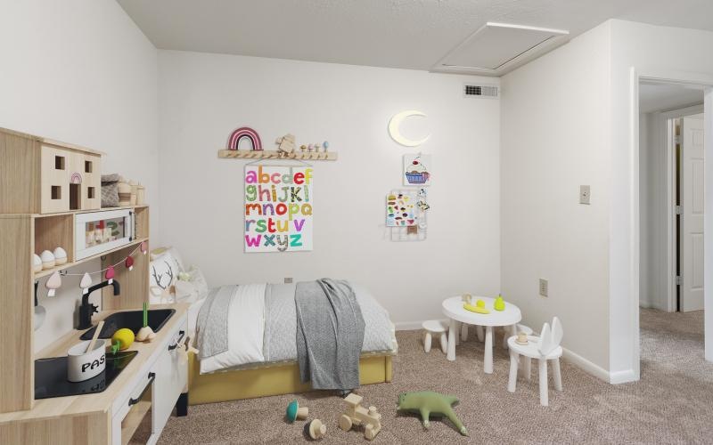 a room with a bed and shelves