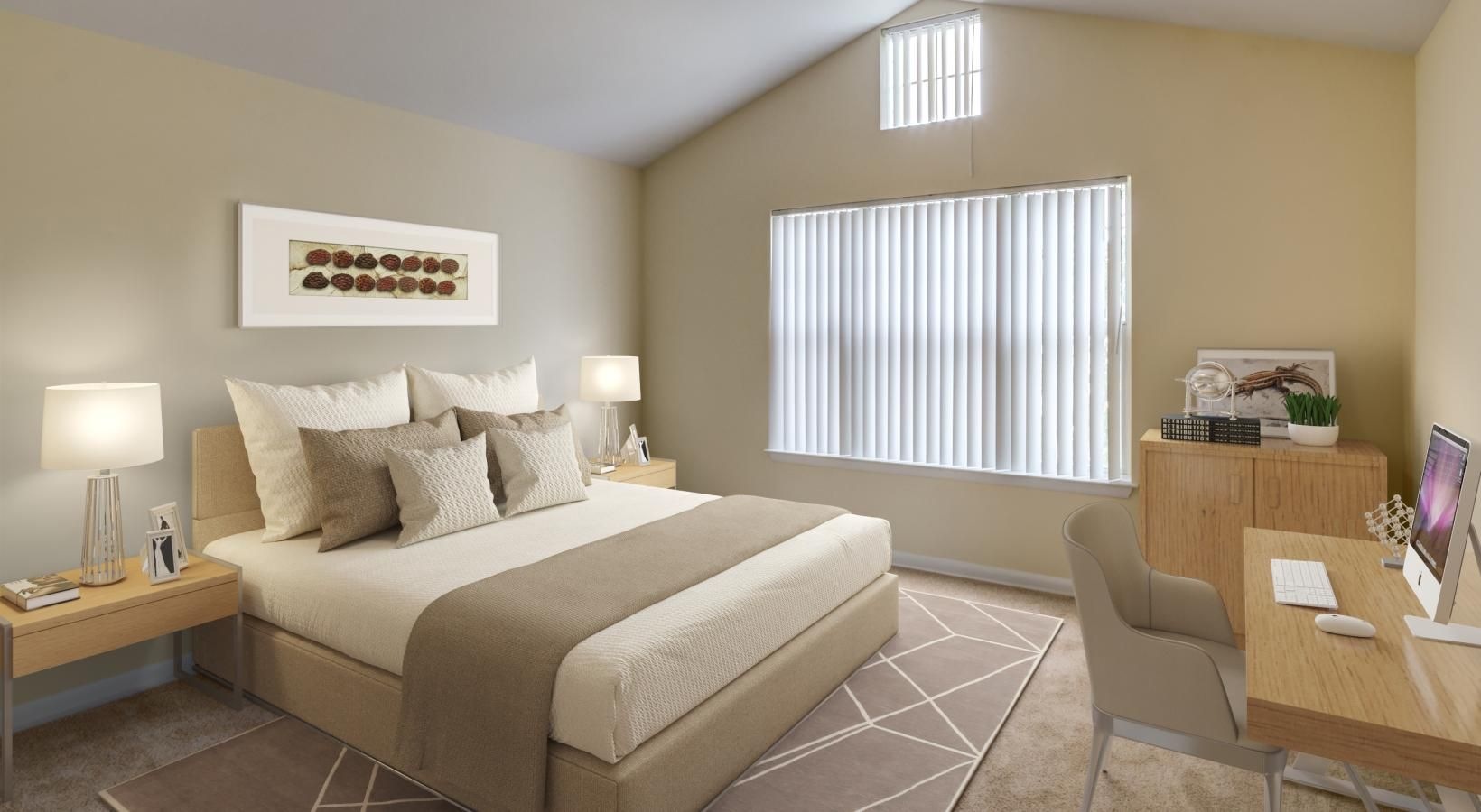 a bed room with a bed and a desk