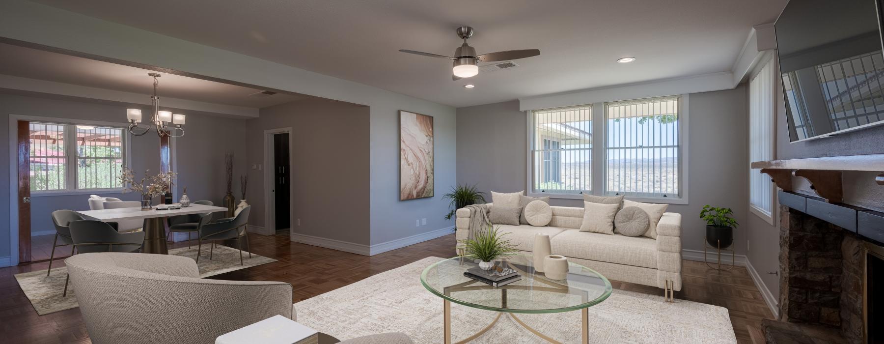 a living room with a fireplace